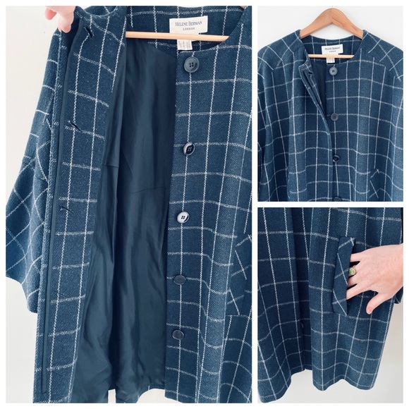 HELENE BERMAN LONDON 🍁 WOOL BLEND KIMONO COAT NAVY & WHITE LARGE CHECK - Picture 15 of 15